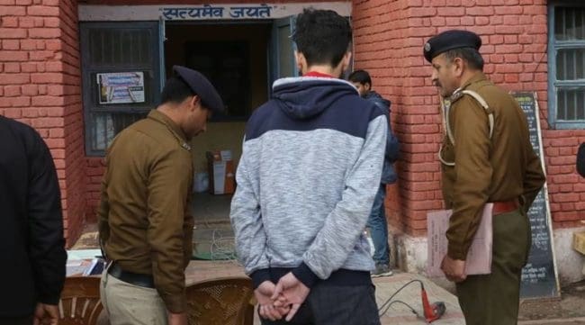 A Kashmiri students of Chitkara University at Baddi (HP) after police arrested him against posted a objectionable post on social media on Saturday, February 16 2019. Express photo by Jaipal Singh