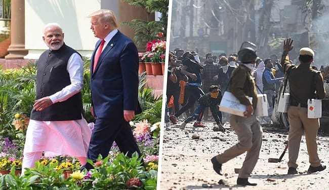 Left: Indian Prime Minister Narendra Modi and U.S. President Donald Trump arrive at Hyderabad House in New Delhi on Feb. 25. Right: Police try to stop protesters during violent clashes between at Jaffarabad in New Delhi on Feb. 24. Mohd Zakir/Raj K Raj/Hindustan Times via Getty Images